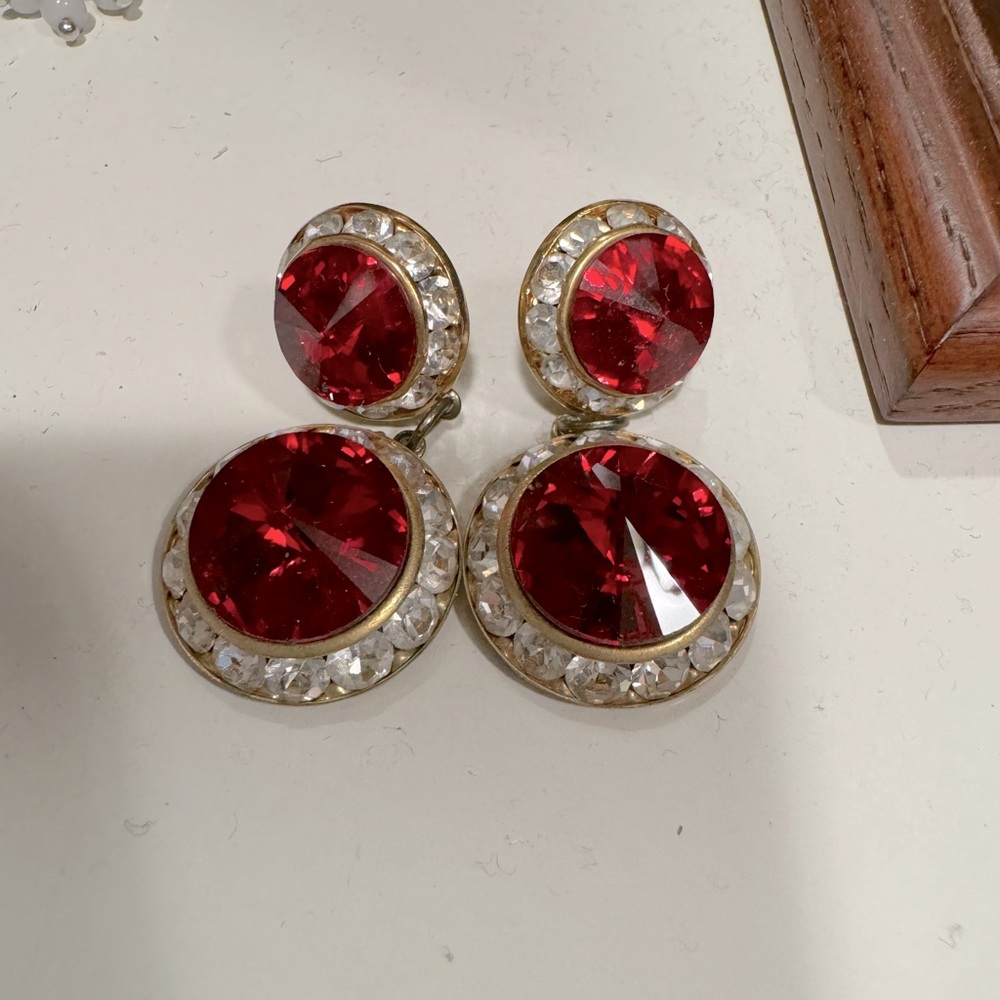 Red stone and crystal earrings. Pierced.